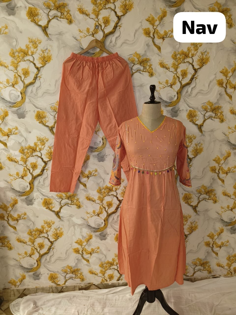 Pink Embroidered Cotton Kurti Pant Chanderi Dupatta Set